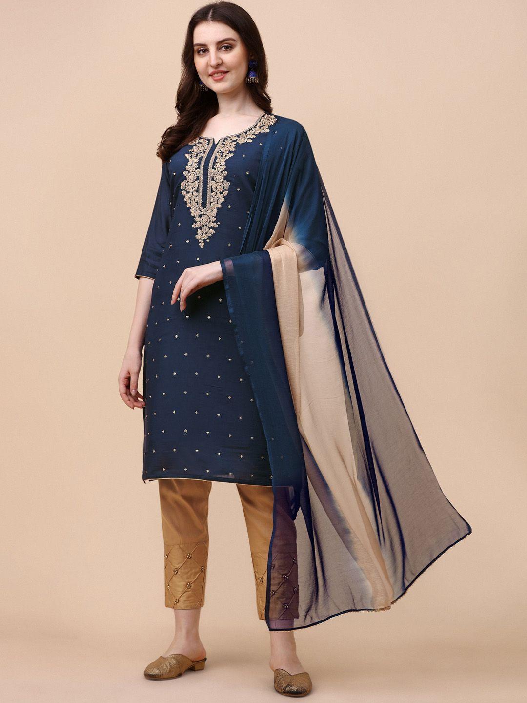 berrylicious women ethnic motifs embroidered chanderi cotton kurta with trousers & dupatta