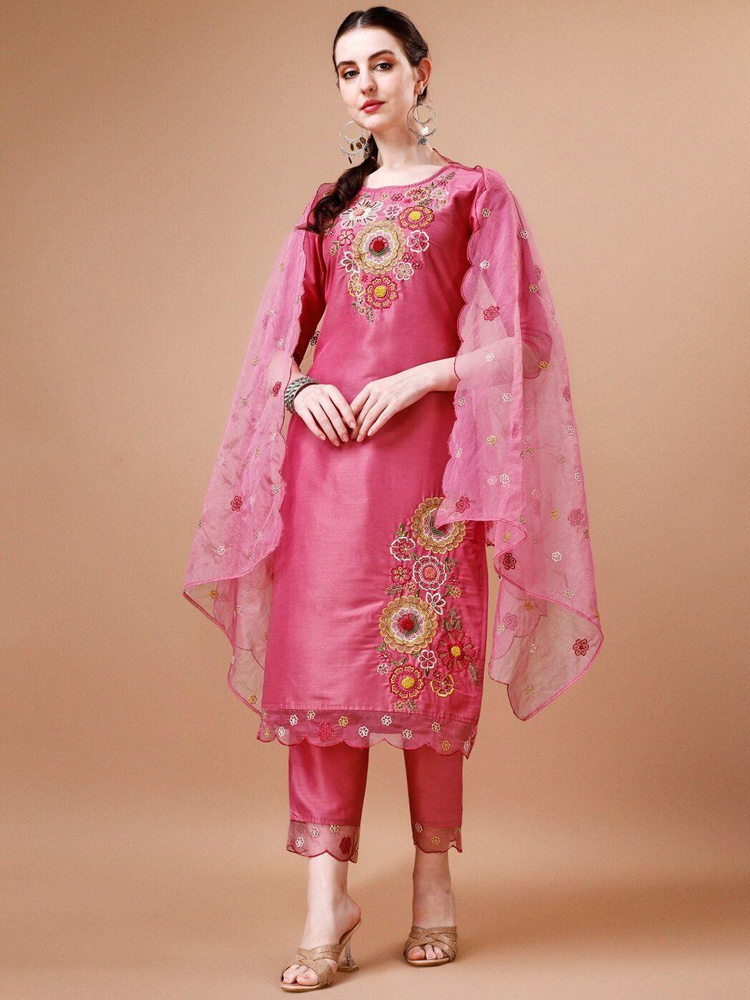 berrylicious women ethnic motifs embroidered regular beads and stones chanderi cotton kurta with trousers &