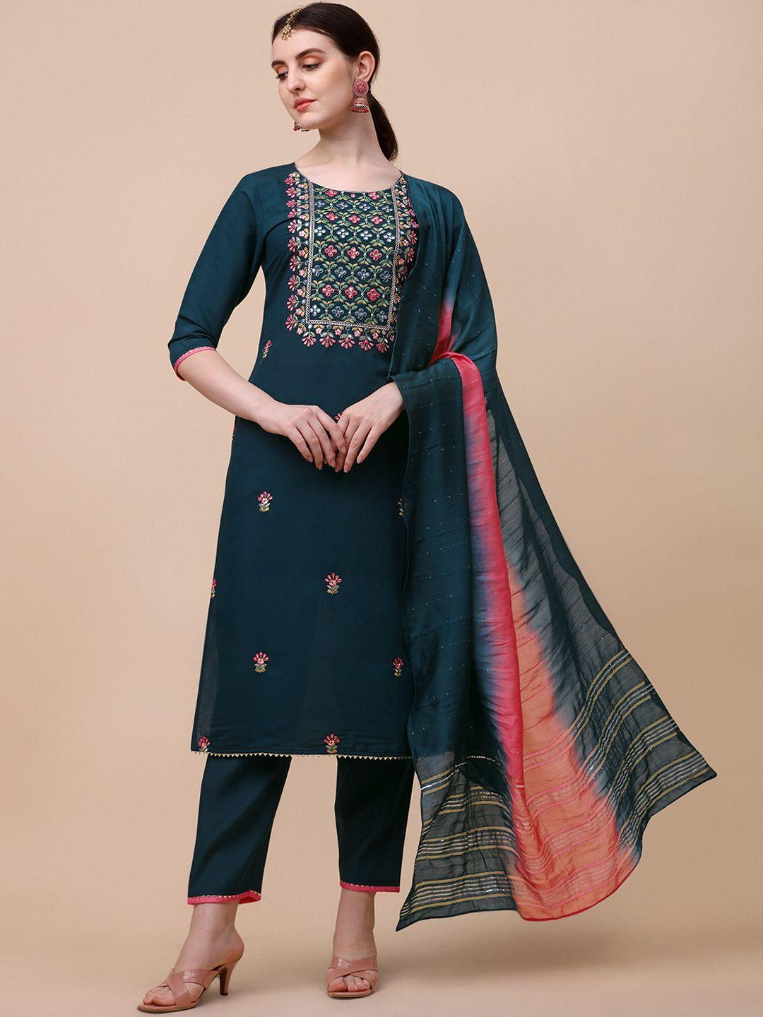 berrylicious women ethnic motifs embroidered thread work kurta with trousers & dupatta
