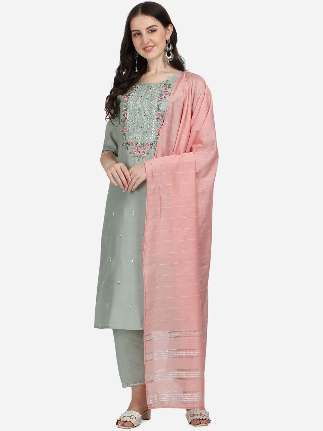 berrylicious women floral embroidered chanderi cotton kurta with trousers & dupatta
