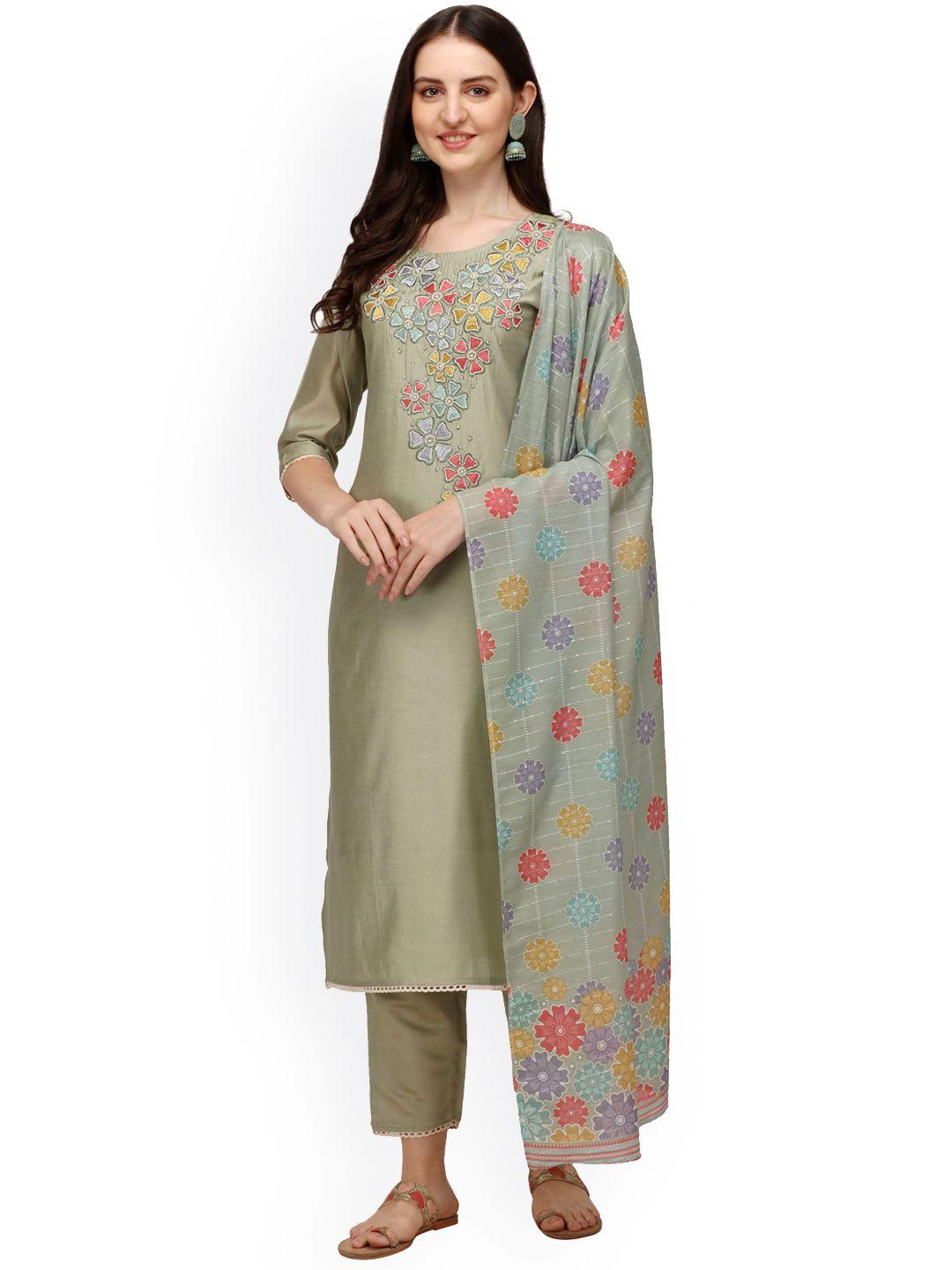 berrylicious women floral embroidered chanderi cotton kurta with trousers & with dupatta