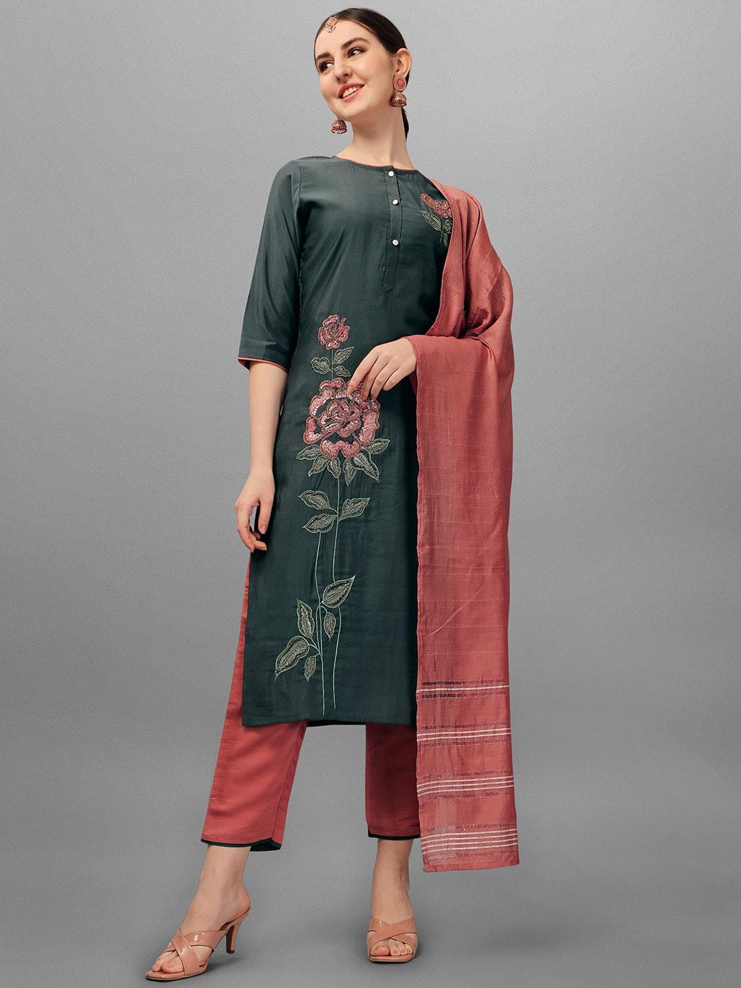 berrylicious women green embroidered thread work cotton kurta with trousers & dupatta