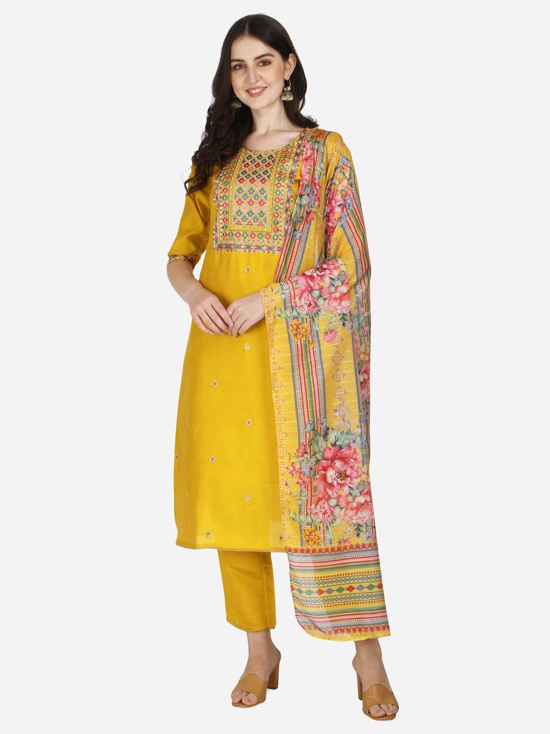 berrylicious women mustard yellow floral chanderi cotton kurta with trousers & dupatta