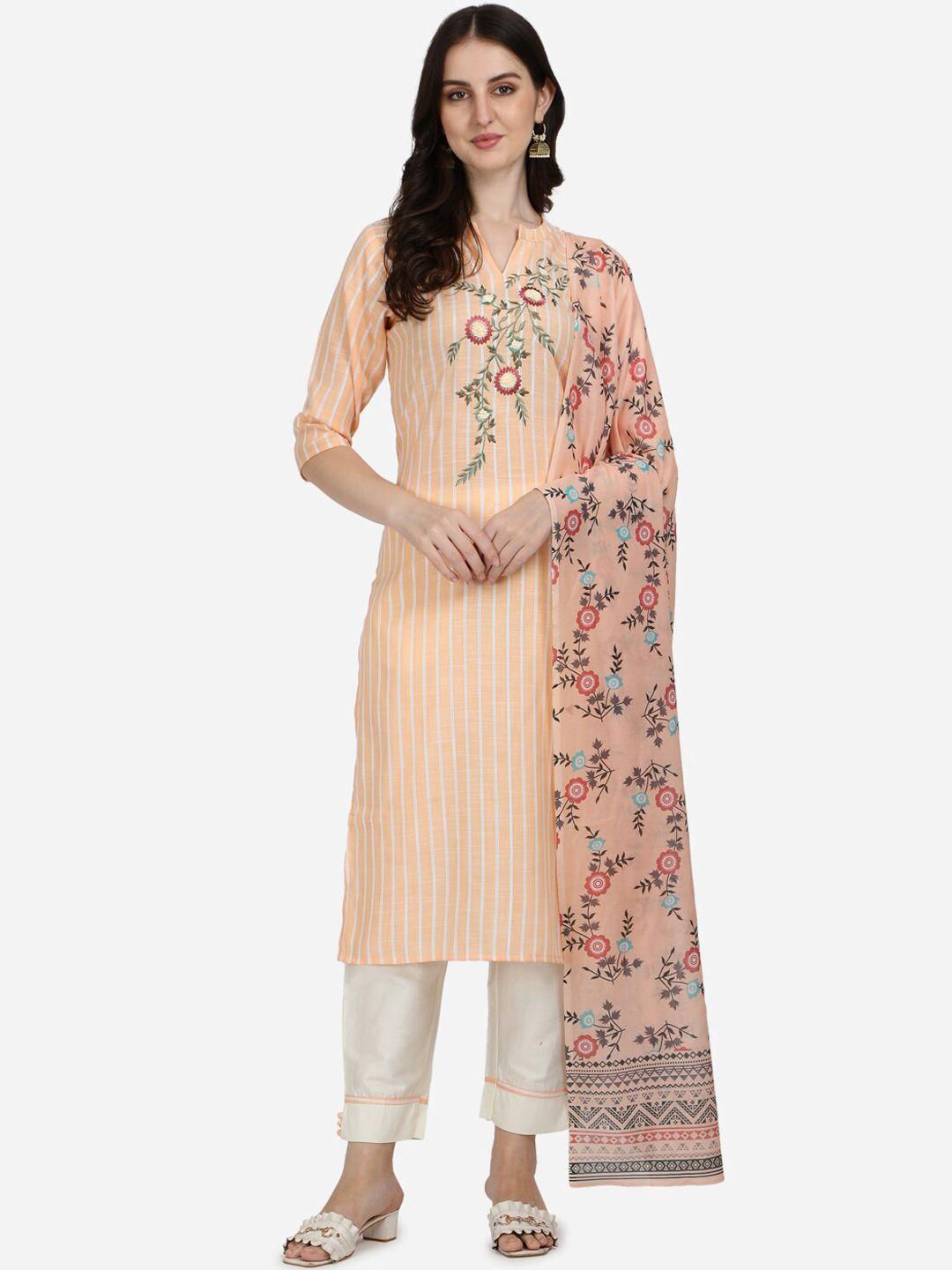 berrylicious women orange embroidered thread work pure cotton kurta with trousers & with dupatta