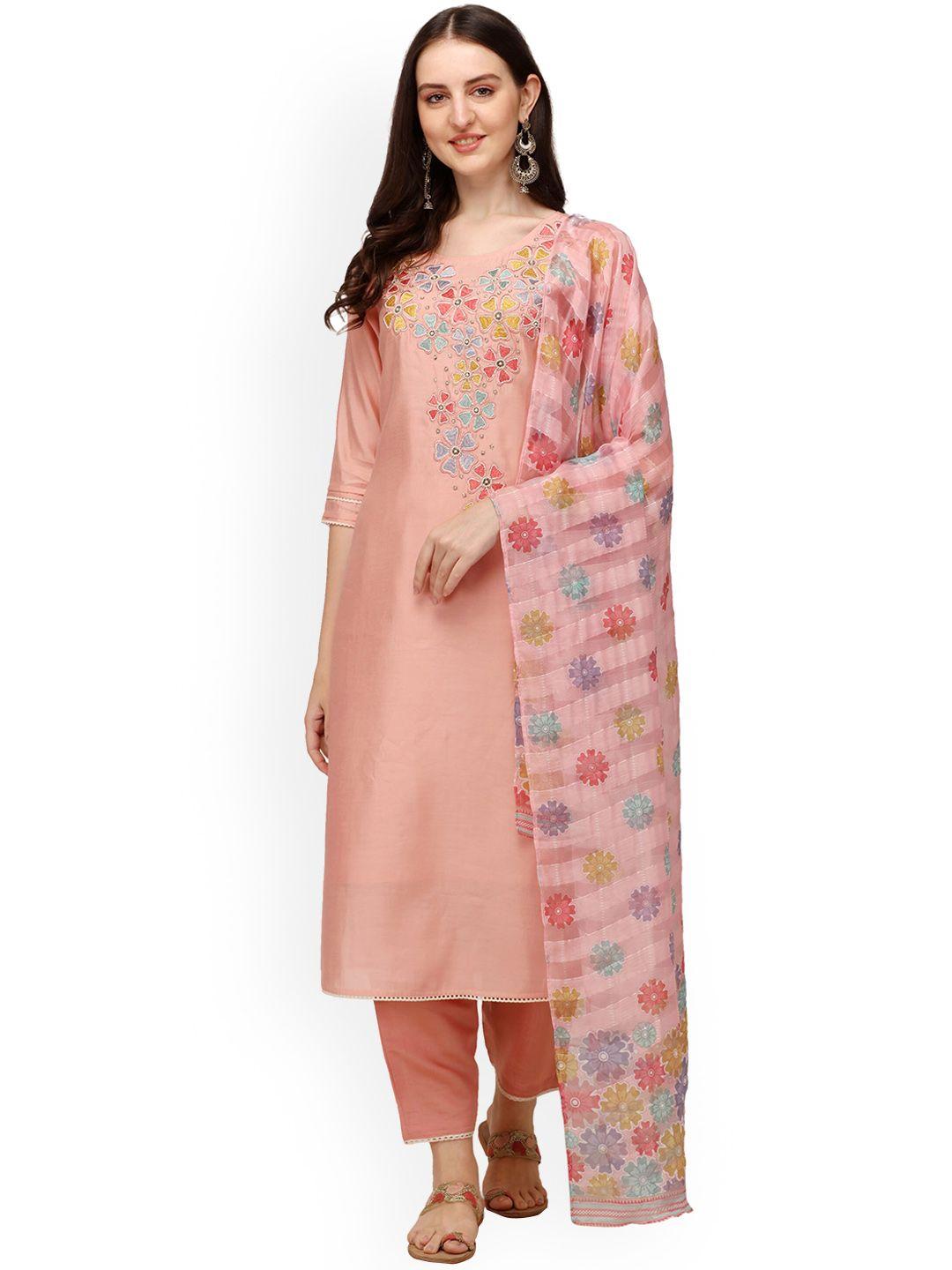berrylicious women pink floral embroidered kurta with trousers & with dupatta