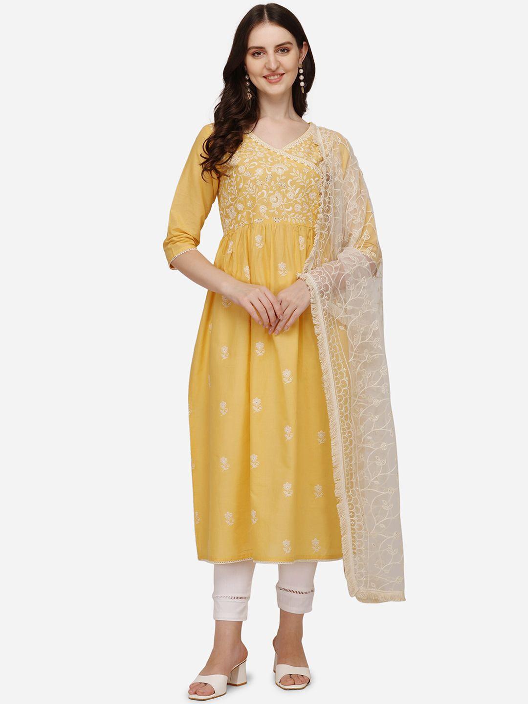 berrylicious women yellow floral chikankari kurta with trousers & with duppatta