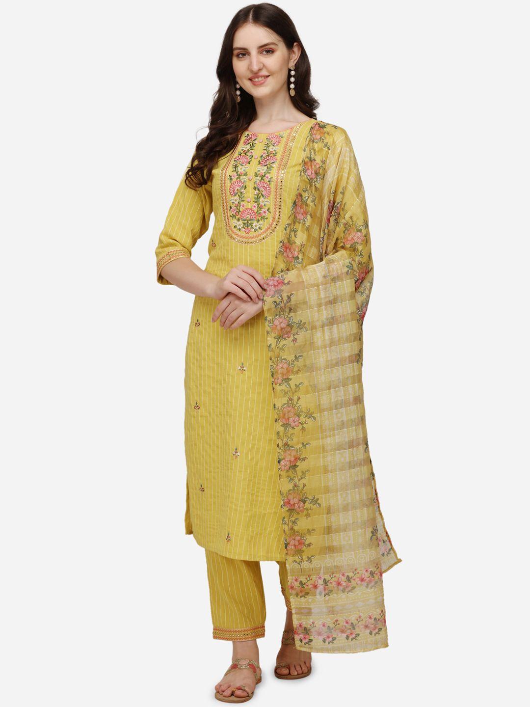 berrylicious yellow embroidered mirror work pure cotton kurta with trouser & dupatta
