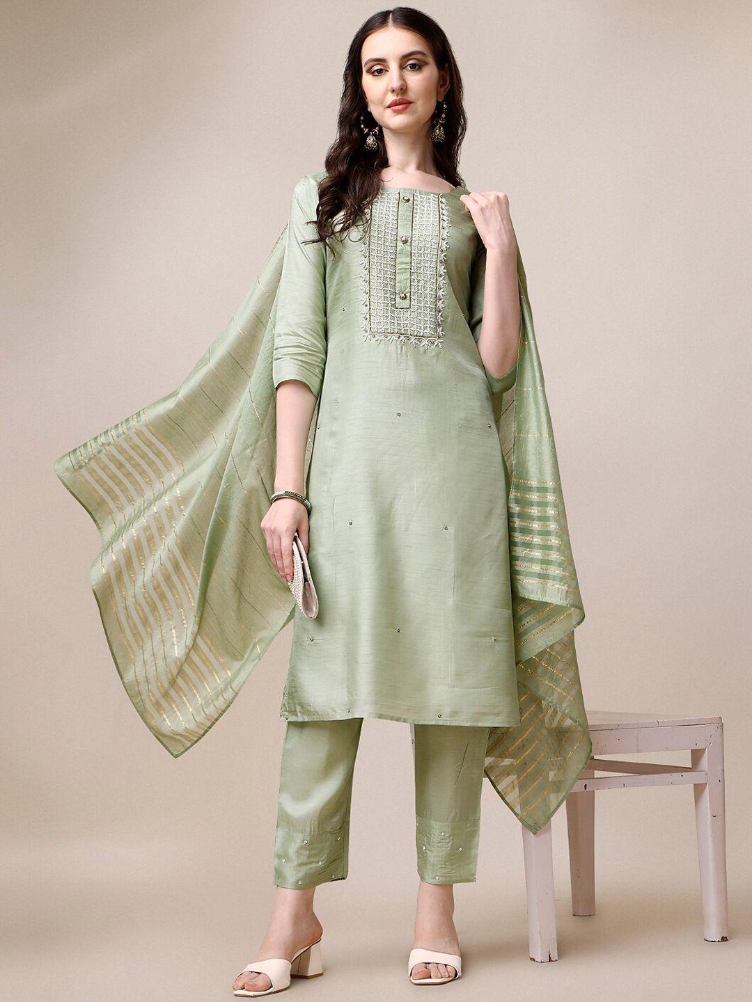 berrylicious yoke design embellished chanderi cotton kurta with trousers & dupatta