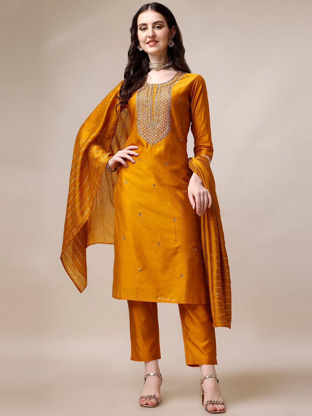 berrylicious yoke design thread work chanderi cotton kurta with trousers & dupatta
