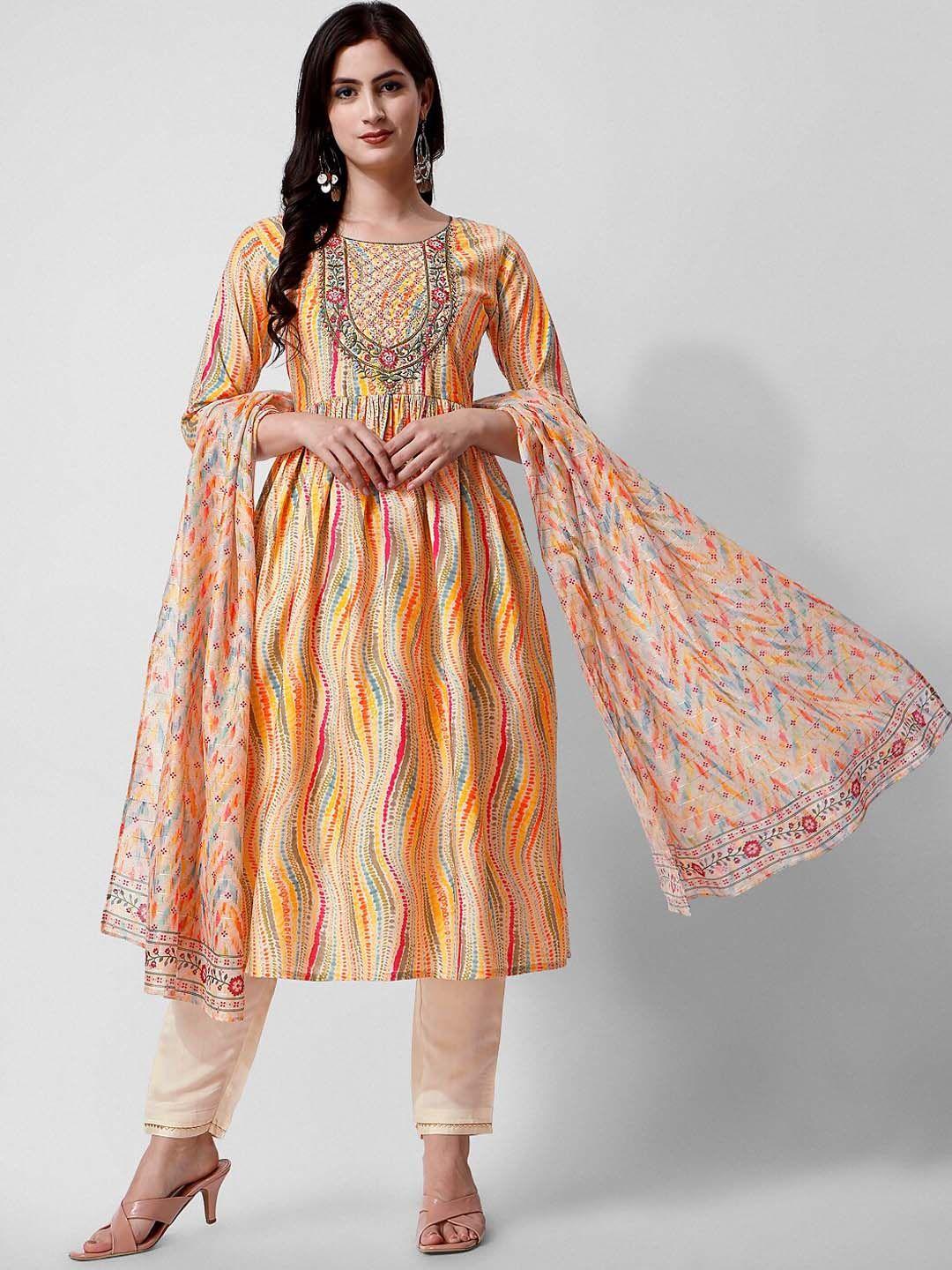 berrylicious abstract printed thread work chanderi cotton kurta with trousers & dupatta
