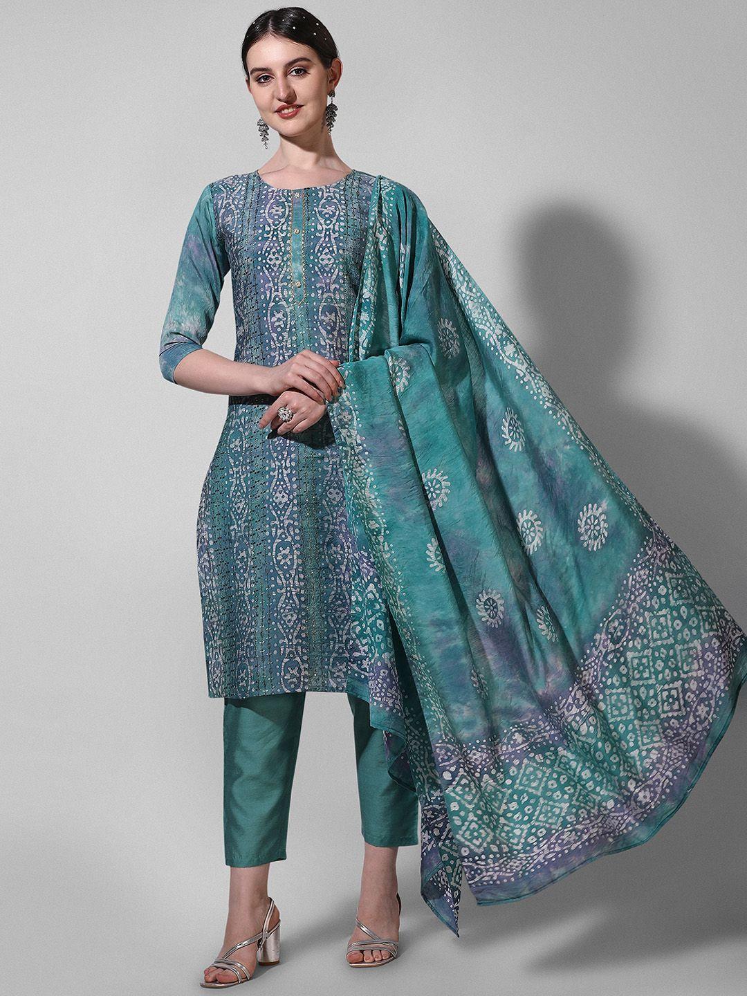 berrylicious bandhani dyed thread work chanderi cotton kurta with trousers & dupatta