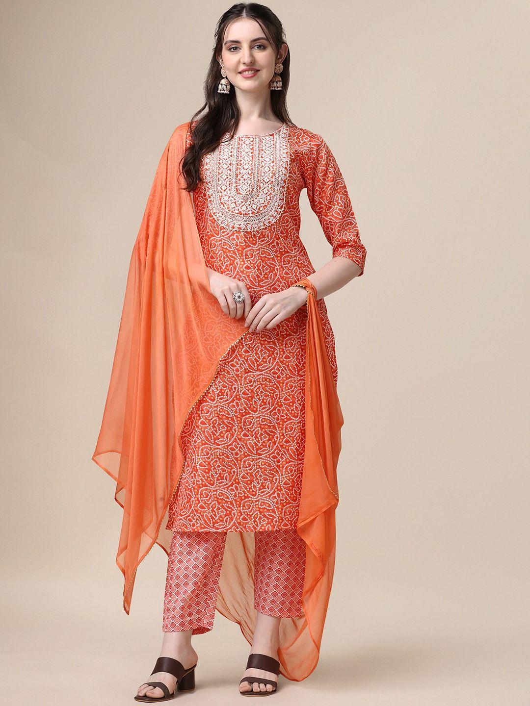 berrylicious bandhani printed embroidered regular kurta & trousers with dupatta