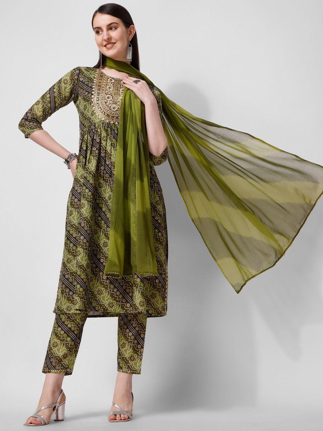 berrylicious bandhani printed thread work a-line pure cotton kurta with trousers & dupatta