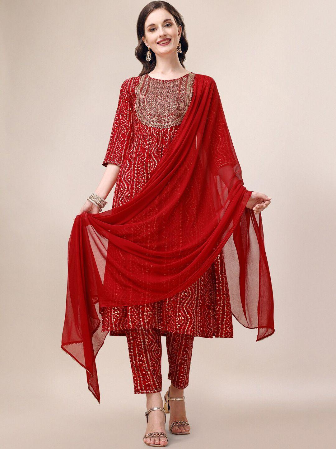 berrylicious bandhani printed thread work pleated a-line kurta & trousers with dupatta