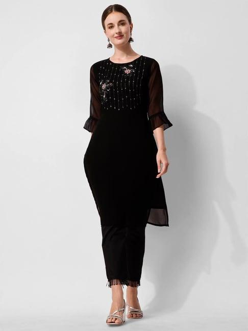 berrylicious black embroidered kurta pant set
