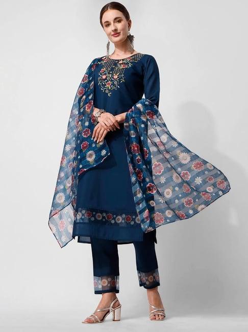 berrylicious blue chanderi embroidered kurta with pants & dupatta