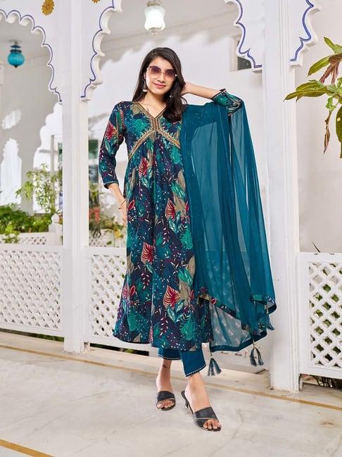 berrylicious blue embroidered kurta with pant & dupatta