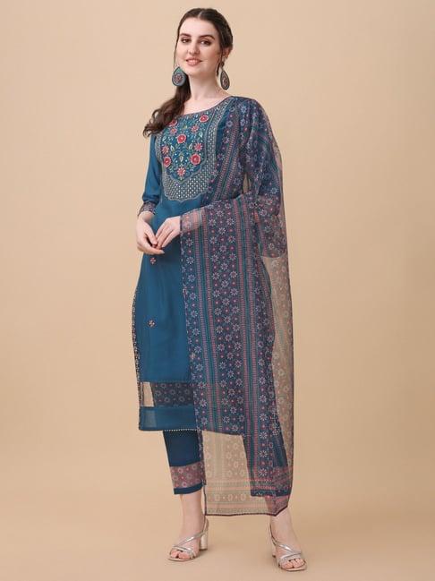 berrylicious blue embroidered kurta with pants & dupatta