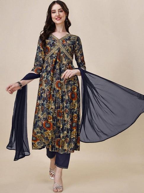 berrylicious blue printed kurta pant set with dupatta