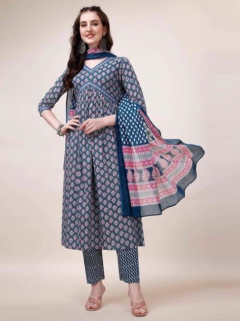 berrylicious blue printed kurta with pant & dupatta