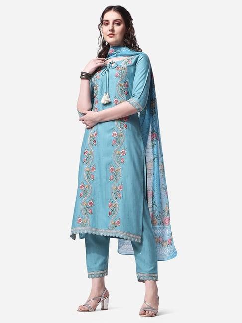 berrylicious blue rayon embroidered kurta with pants & dupatta