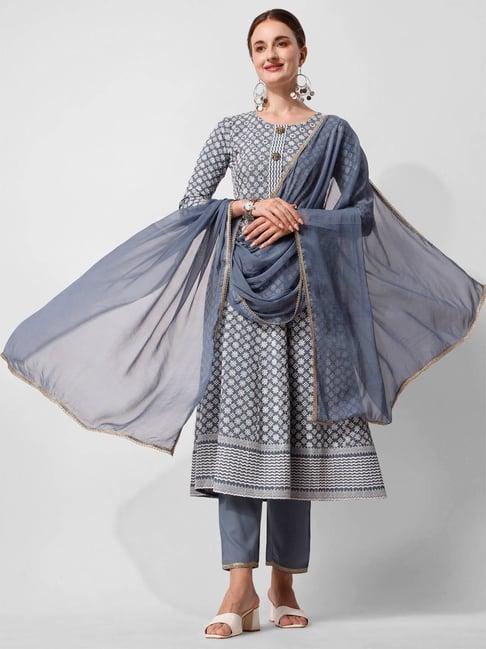 berrylicious blue rayon embroidered kurta with pants & dupatta