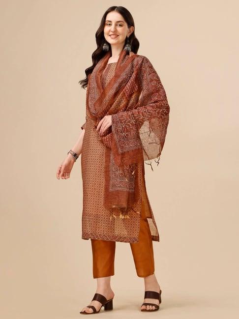berrylicious brown chanderi printed kurta with pants & dupatta