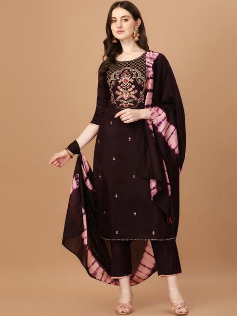 berrylicious brown embroidered kurta pant set with dupatta