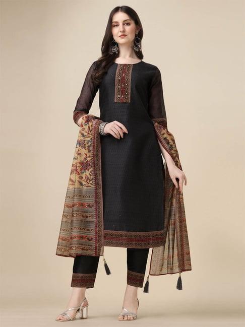 berrylicious dark grey chanderi embroidered kurta with pants & dupatta