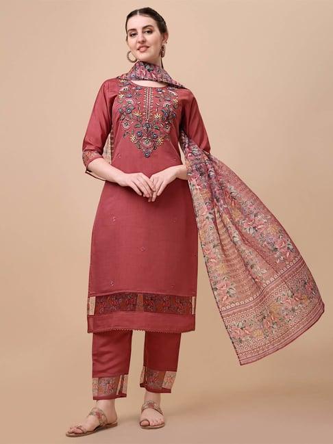 berrylicious dark pink chanderi embroidered kurta with pants & dupatta