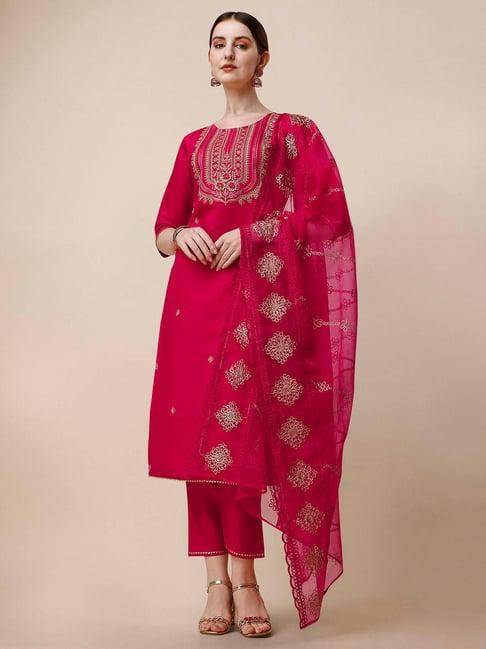 berrylicious dark pink chanderi embroidered kurta with pants & dupatta