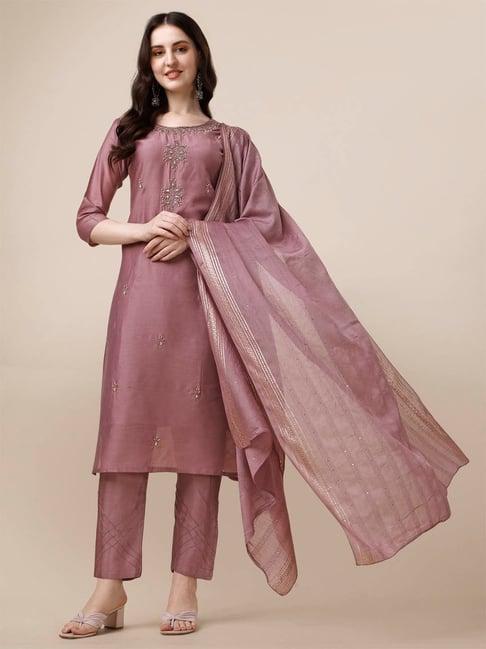 berrylicious dusty pink chanderi embroidered kurta with pants & dupatta