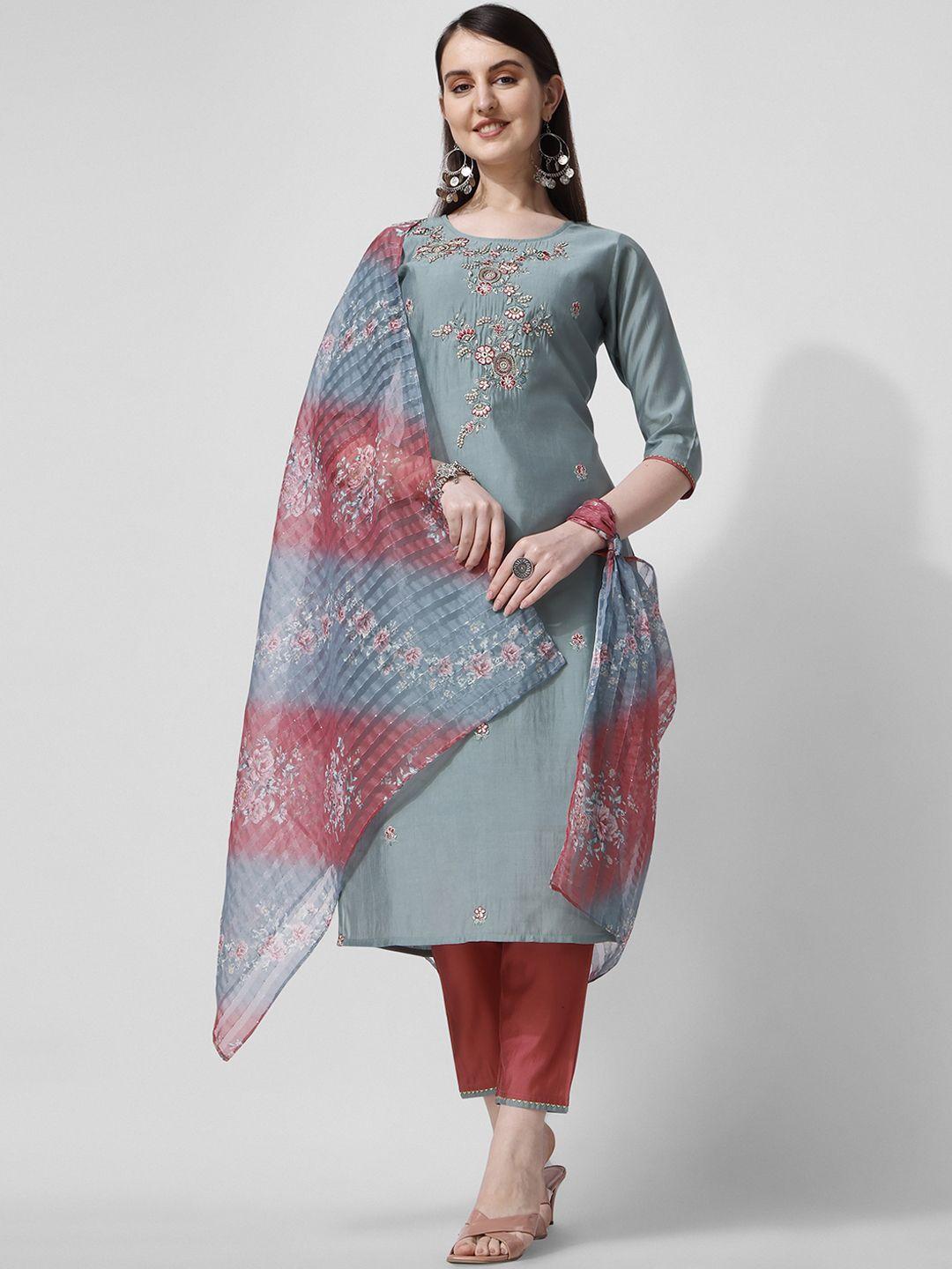 berrylicious embroidered beads & stones chanderi cotton kurta with trousers & dupatta