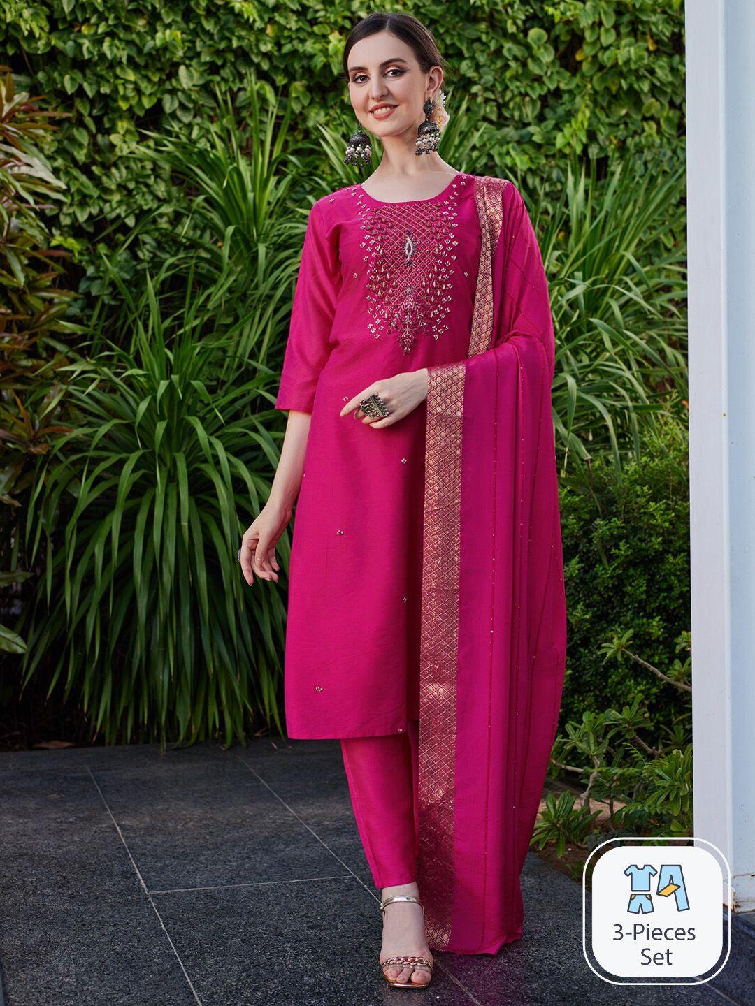 berrylicious embroidered beads & stones chanderi cotton kurta with trousers & dupatta