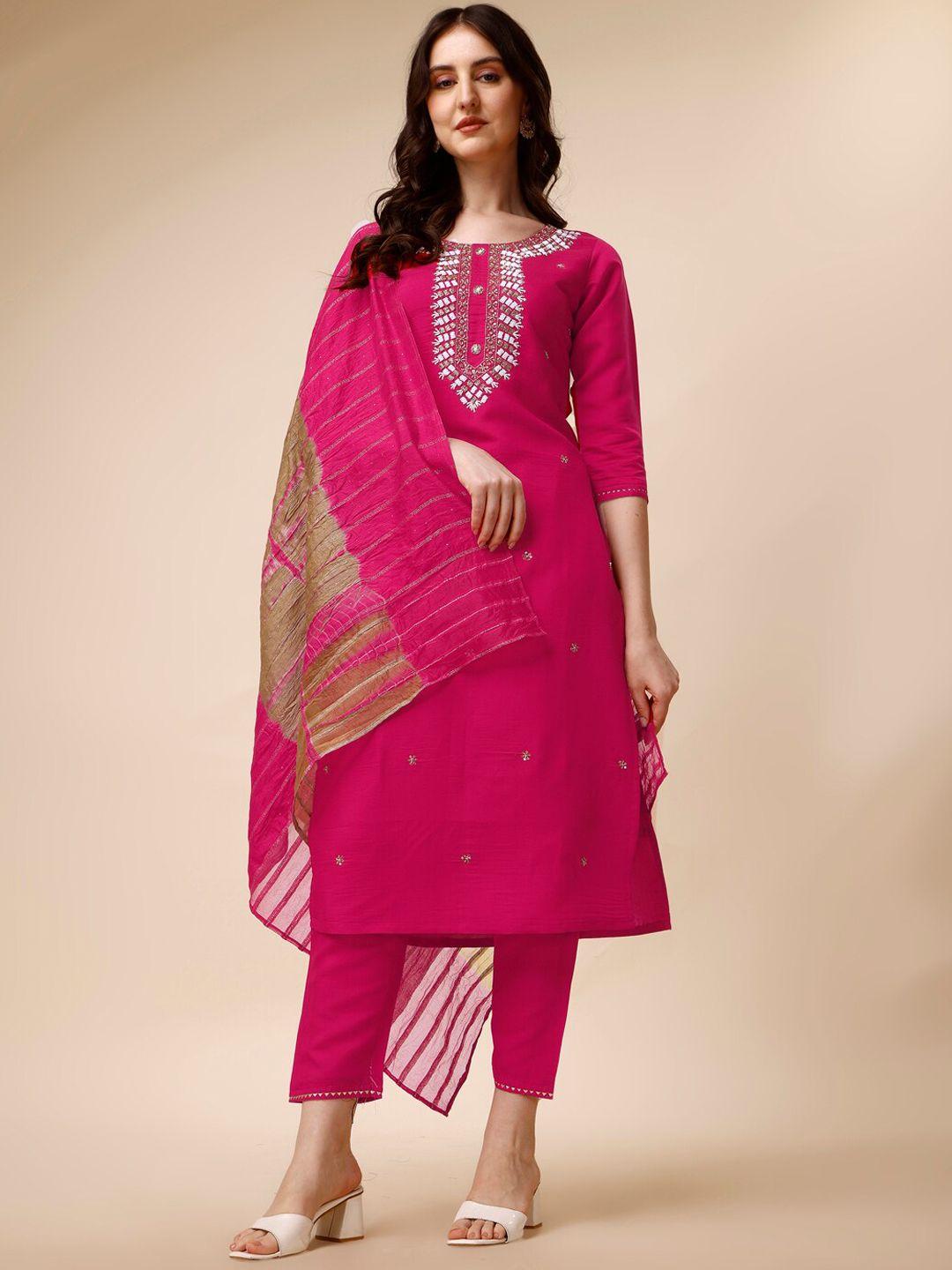 berrylicious embroidered beads and stones chanderi cotton kurta with trousers & dupatta