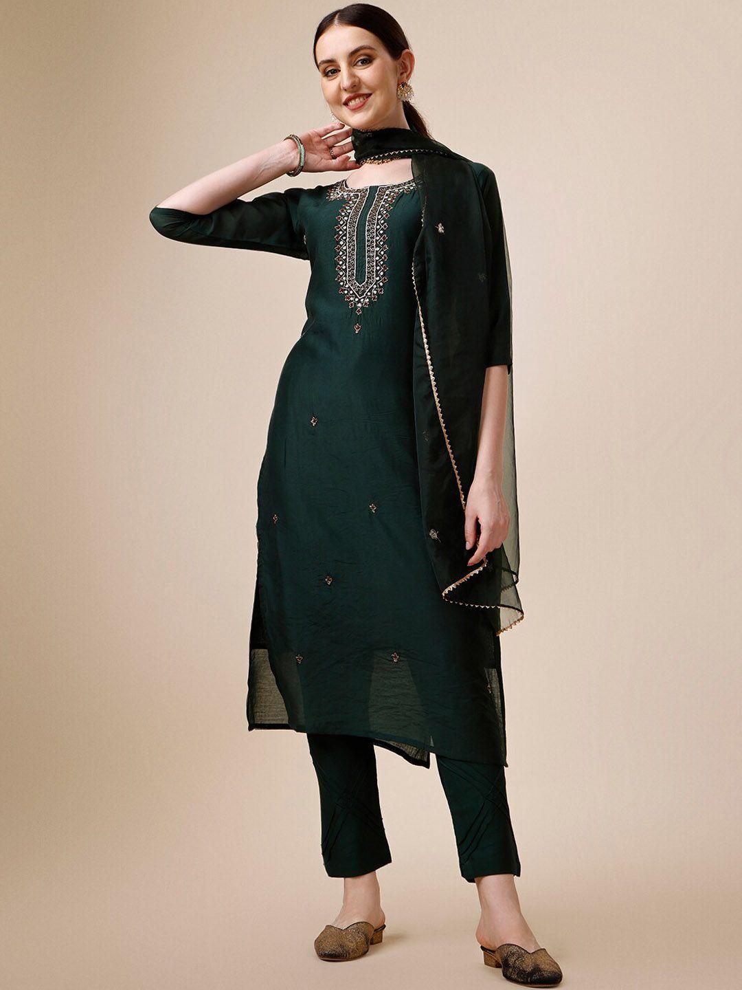 berrylicious embroidered chanderi cotton kurta with trousers & dupatta