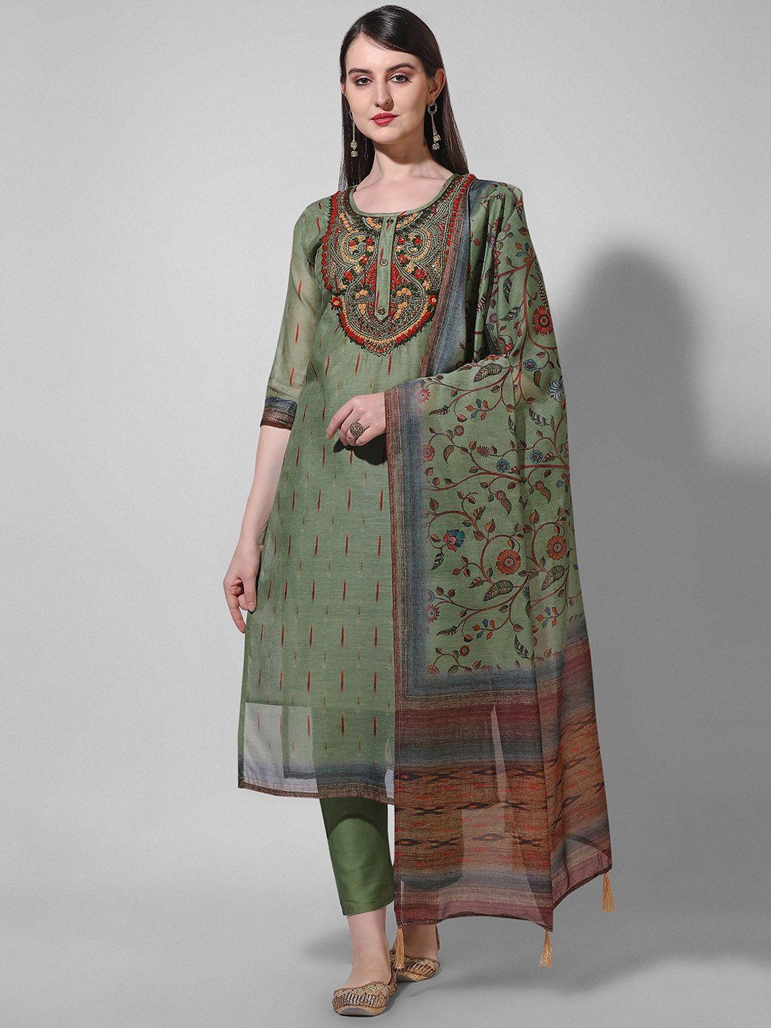 berrylicious embroidered regular thread work chanderi cotton kurta with trousers & dupatta
