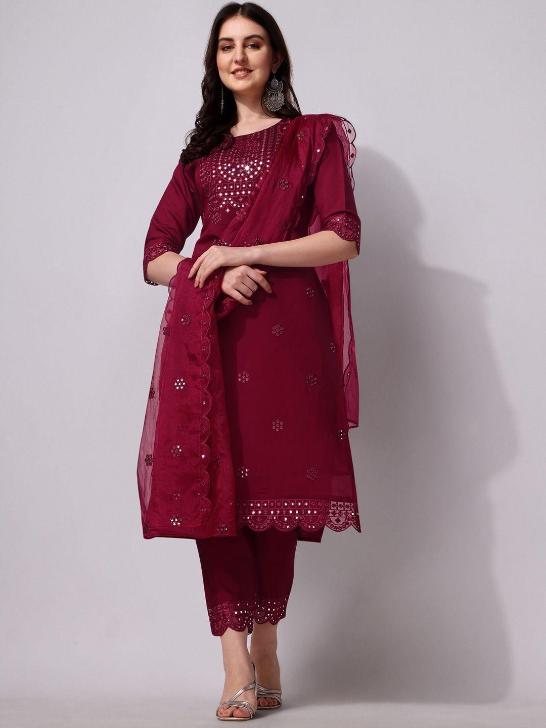 berrylicious ethnic embroidered mirror work chanderi cotton kurta with trousers & dupatta