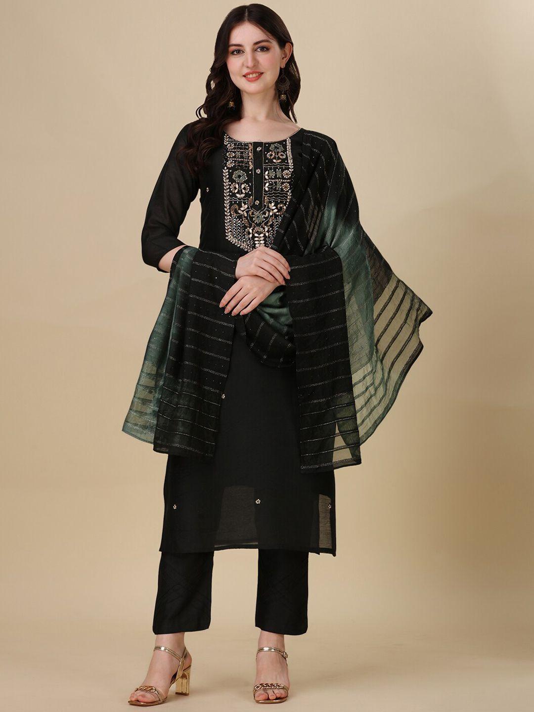 berrylicious ethnic embroidered sequined chanderi cotton kurta with trousers & dupatta
