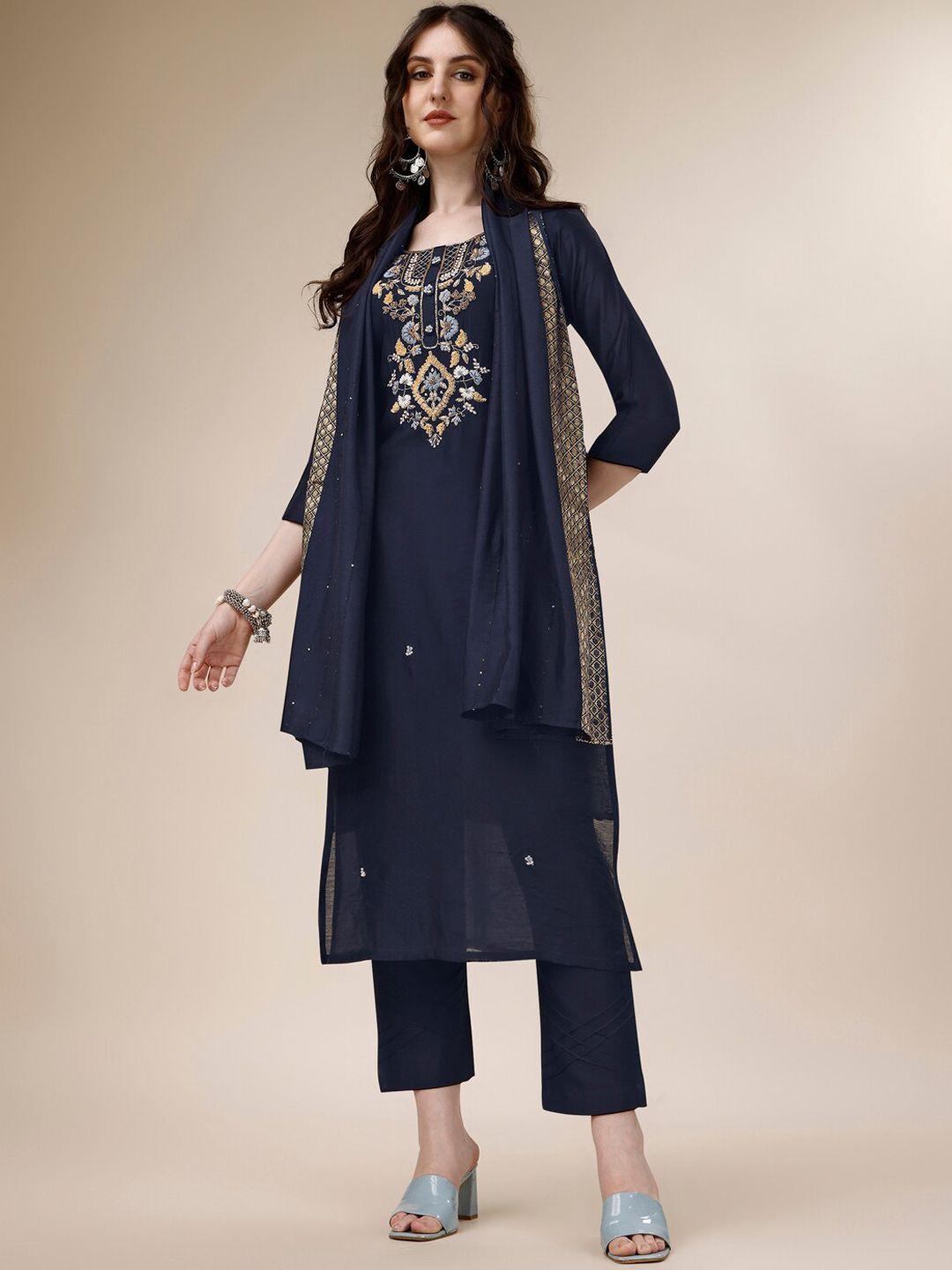 berrylicious ethnic embroidered straight chanderi cotton kurta & trousers with dupatta