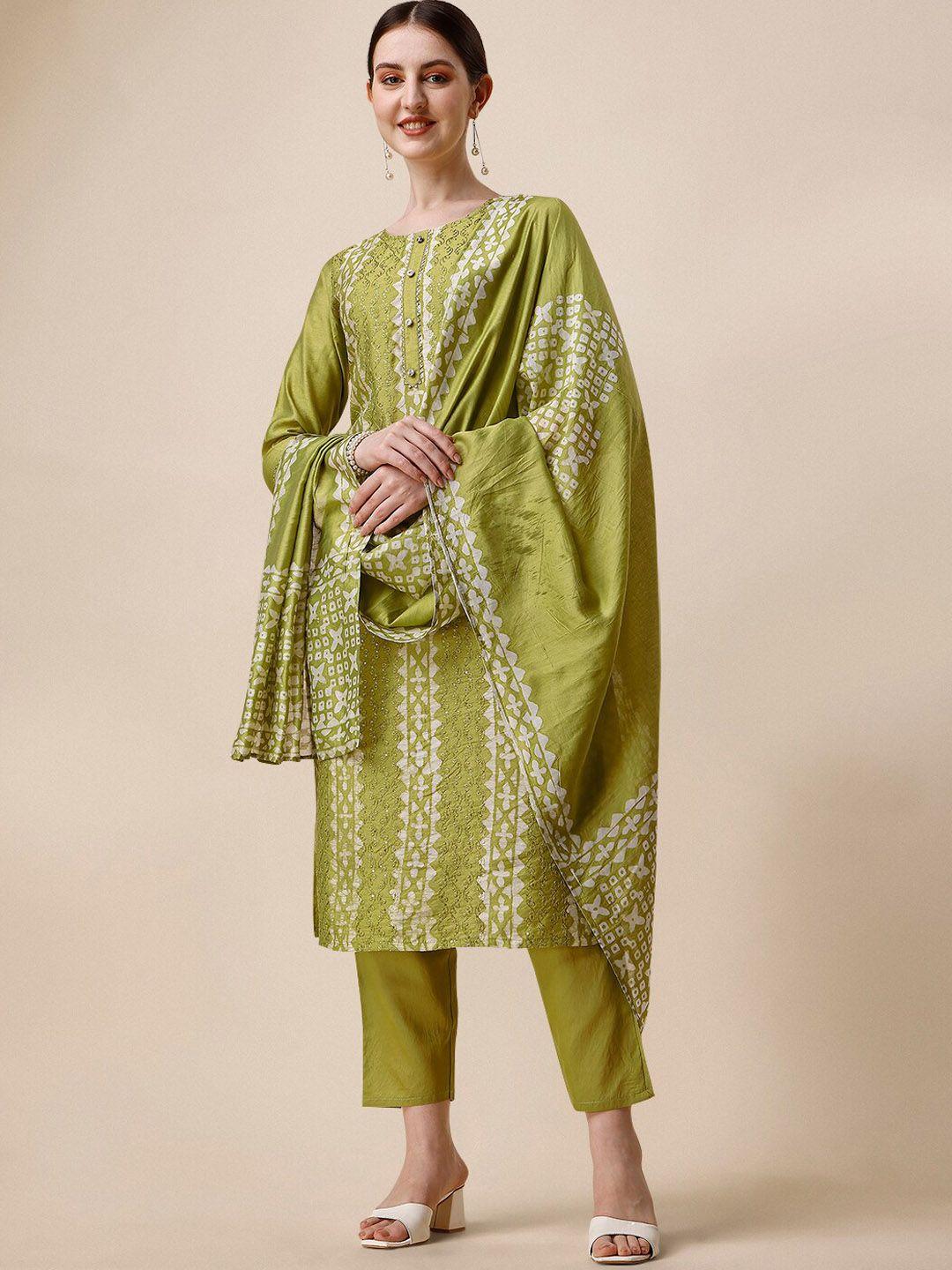 berrylicious ethnic motifs batik printed chanderi cotton kurta with trousers & dupatta