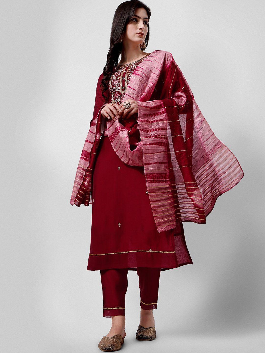 berrylicious ethnic motifs embroidered sequins kurta with trousers & dupatta