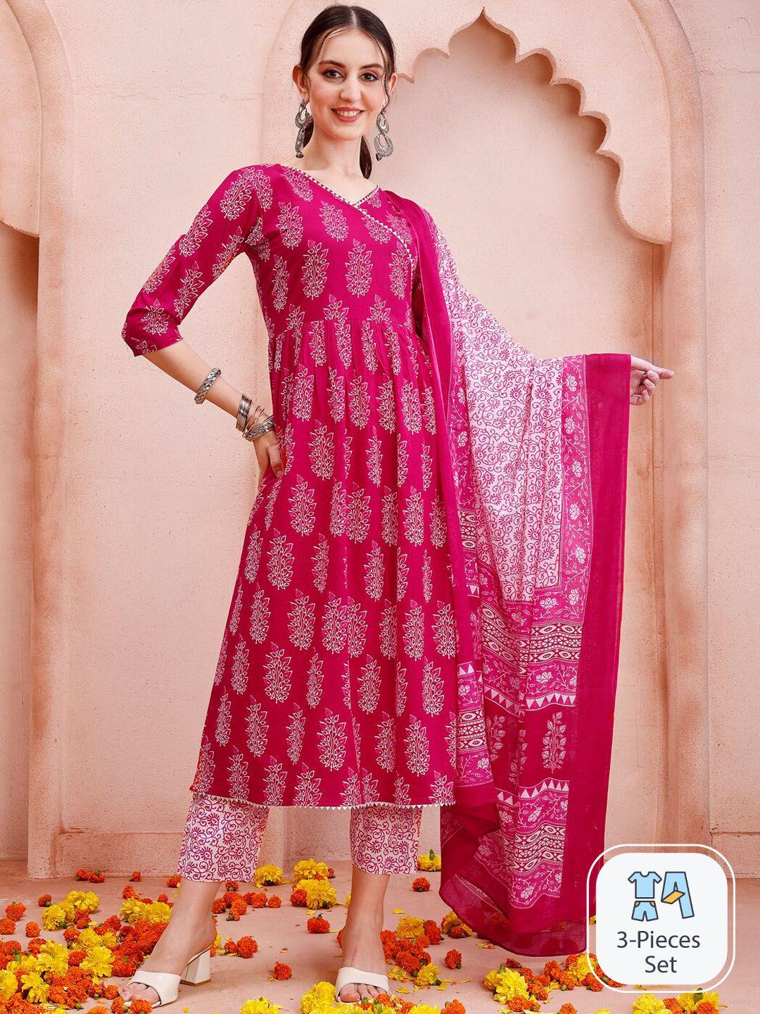 berrylicious ethnic motifs printed anarkali pure cotton kurta with trousers & with