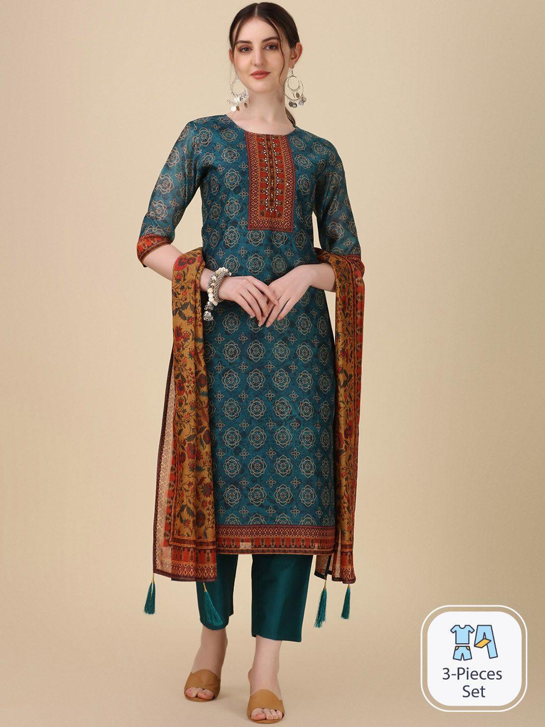 berrylicious ethnic motifs printed chanderi cotton straight kurta & trousers with dupatta