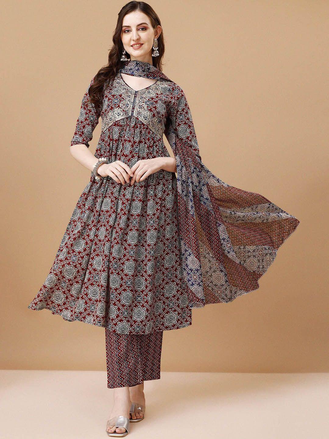 berrylicious ethnic motifs printed empire thread work kurta with trousers & dupatta