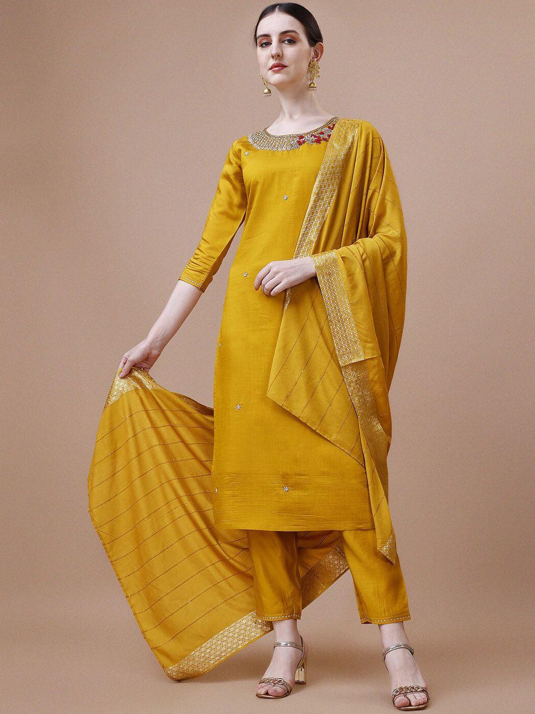 berrylicious ethnic motifs yoke design chanderi cotton kurta & trouser with dupatta