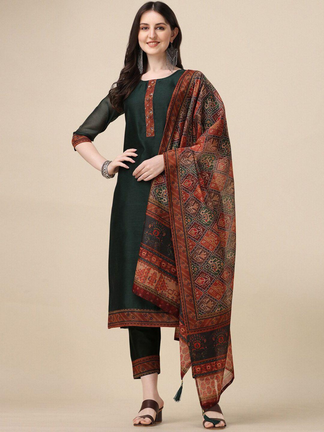 berrylicious ethnic printed beads sequined chanderi cotton kurta with trousers & dupatta