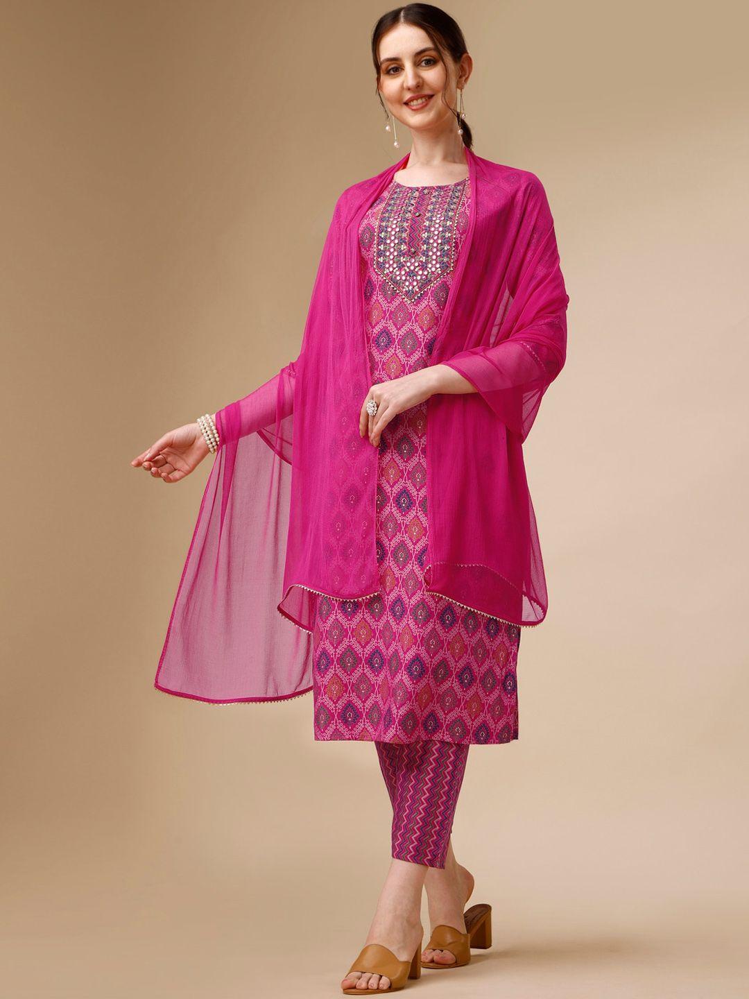 berrylicious ethnic printed mirror work chanderi cotton kurta with trousers & dupatta