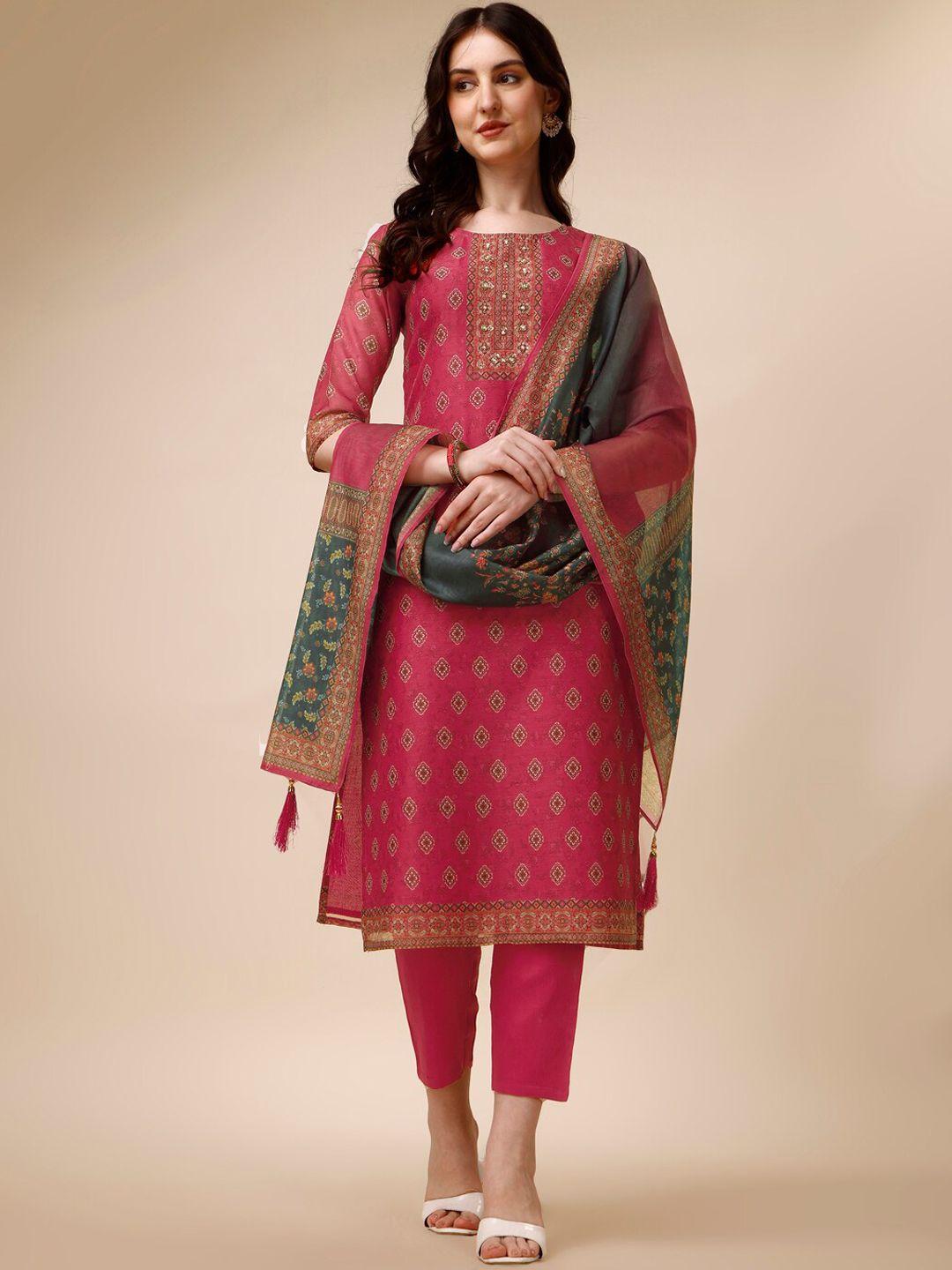 berrylicious ethnic printed sequined chanderi cotton kurta with trousers & dupatta