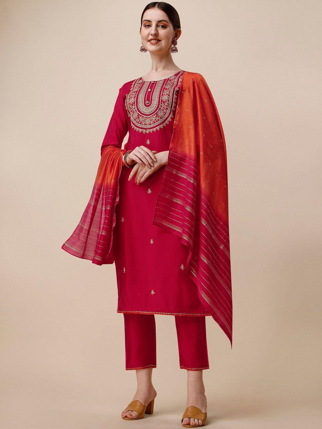 berrylicious floral embroidered chanderi cotton kurta with trousers & with